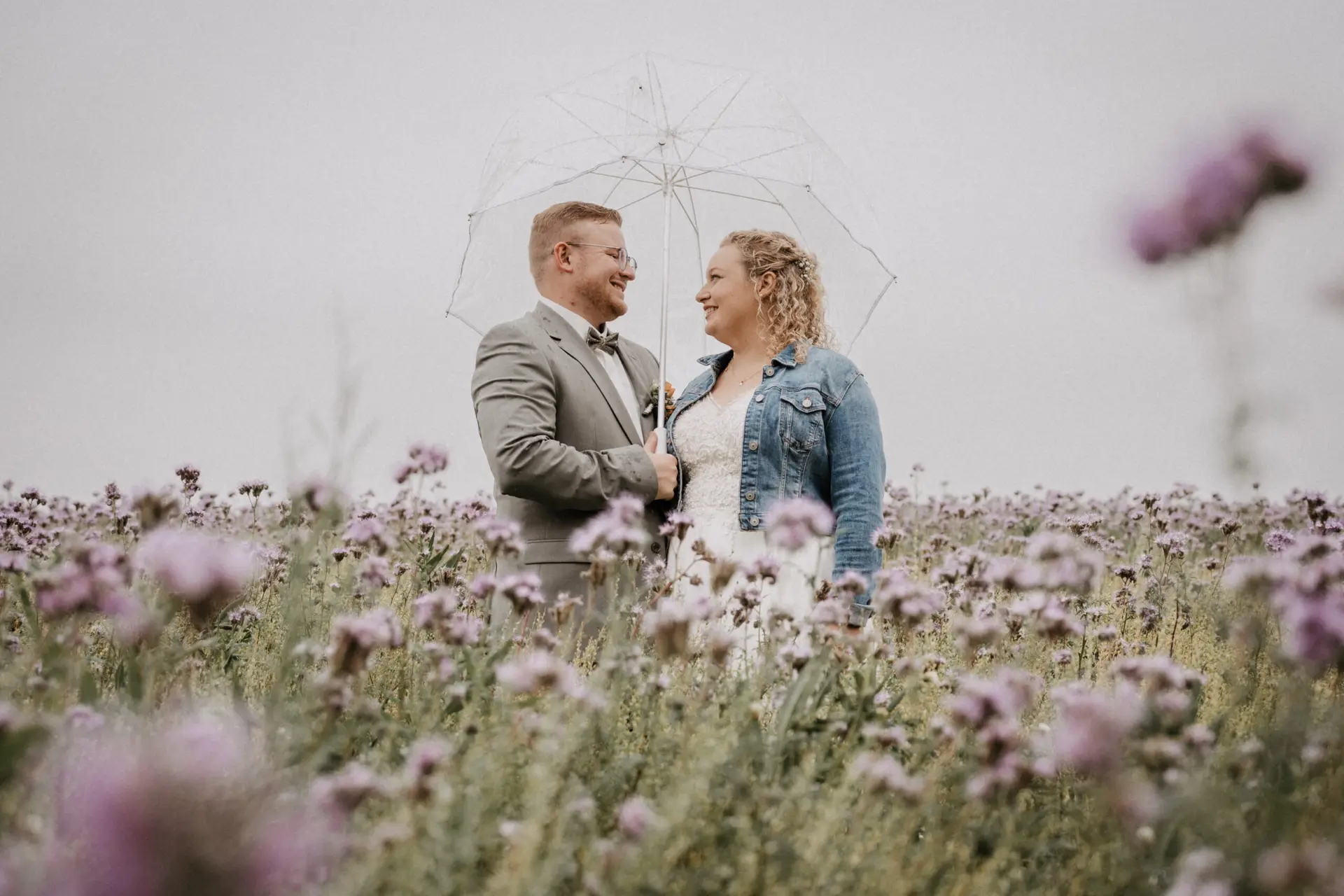 Hochzeit Ansbach Brautpaar steht auf einem Lavendelfeld im Regen geschützt von einem durchsichtigen Regenschirm